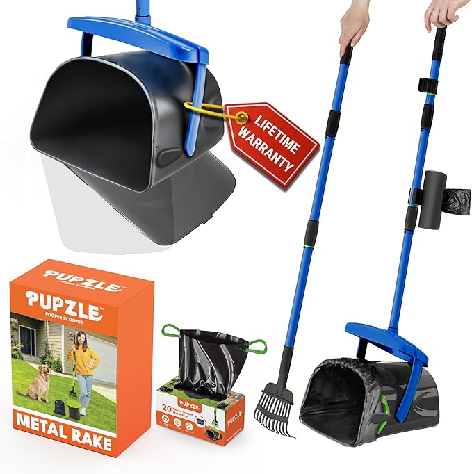 Dog Pooper Scooper with Bag Attachment, 40" Long Handle Pooper Scooper for Large Dogs, Dog Poop Scoop for Yard, Large Capacity Swivel Bin and Rake, Lavender Scented Bags (Blue)