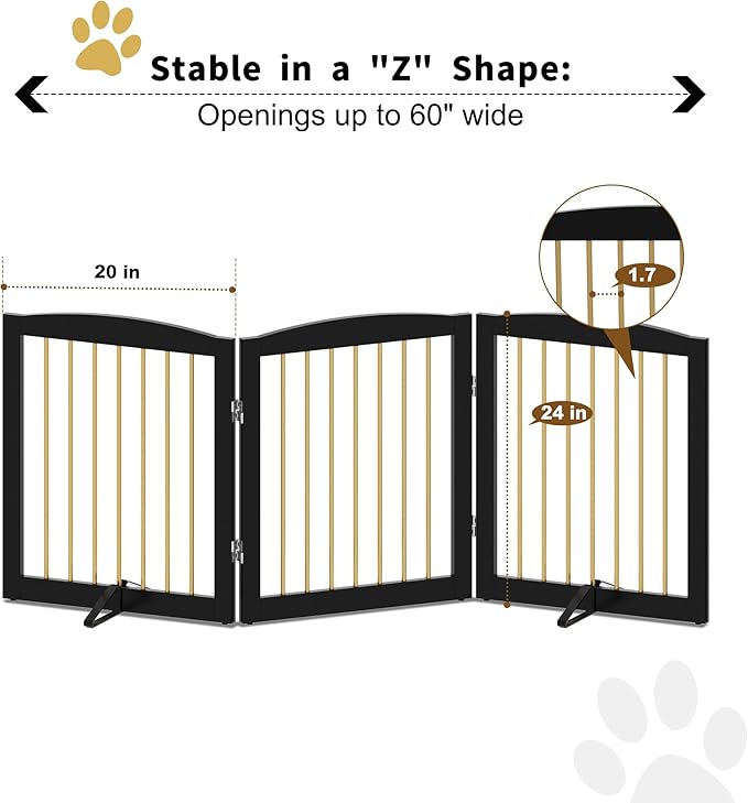 Freestanding Pet Gate for Dogs, Foldable Wooden Dog Gate for House, Indoor Dog Gate for Doorways, Stairs, Step Over Pet Puppy Safety Fence, Support Feet Included,24" Height 3 Panels,Black&Gold