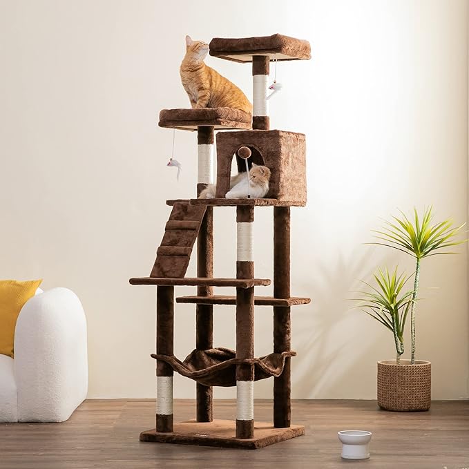 MWPO 70.1-Inch Large Cat Tree, Multi-Level Tall Cat Tower for Indoor Cats, Plush Cat Condo with Big Padded Perches, Sisal-Covered Scratching Posts, Hammock, Toys for Kittens & Cats - Brown