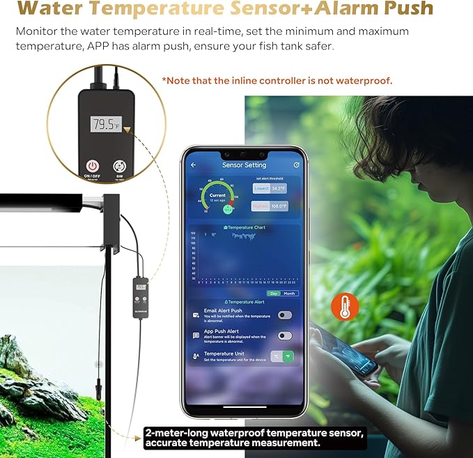 GLOWRIUM Smart Aquarium Light, Bluetooth + WiFi Dual Control Freshwater Fish Tank Light with App, Multi-preset Spectrum, Brightness Adjustable, Anti-Drop, Real Time Water Temperature Sensor (12-17 in)