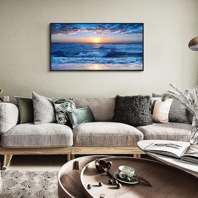 Sea Beach Framed Canvas Wall Art For Living Room Wall Decor For Bedroom Home Decor Blue Ocean Canvas Pictures Artwork Sunny Sea View Wave Painting Office Wall Decorations Black Framed 20" X 40"