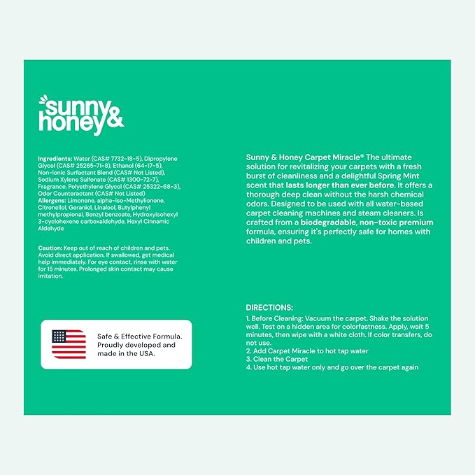 Sunny & Honey Carpet Shampoo & Cleaning Solution - 32 Fl Oz Spring Mint Scent - Pet Carpet Cleaner Machine Solution - Rug & Upholstery Cleaner - Stain Remover & Odor Deodorizer