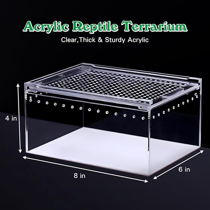Reptile Terrarium Enclosure 8"x6"x4" Acrylic Tarantula Breeding Box Magnetic Hermit Crab Habitat Tank Transparent Jumping Spider Cage for Lizard Scorpion Sling Isopods Invertebrates Insect