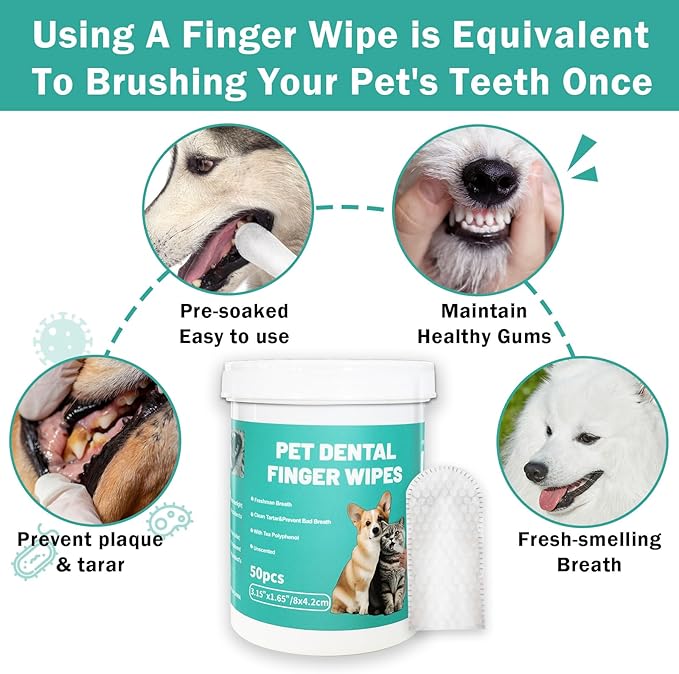 Dog Teeth Dental Finger Wipes for Dogs & Cats No-Rinse Dog Finger Toothbrush Dog Plaque & Tartar Prevention with Brushing Beads Dog Breath Freshene 50pcs