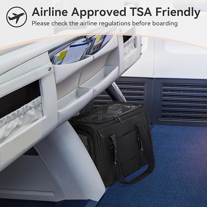 PETSFIT Soft-Sided Cat Carriers & Car Seats with Patent Safe Buckles, Clip-On Harness, 18"x11"x11" Airline Approved Pet Carrier - 9 lbs Capacity (Black)