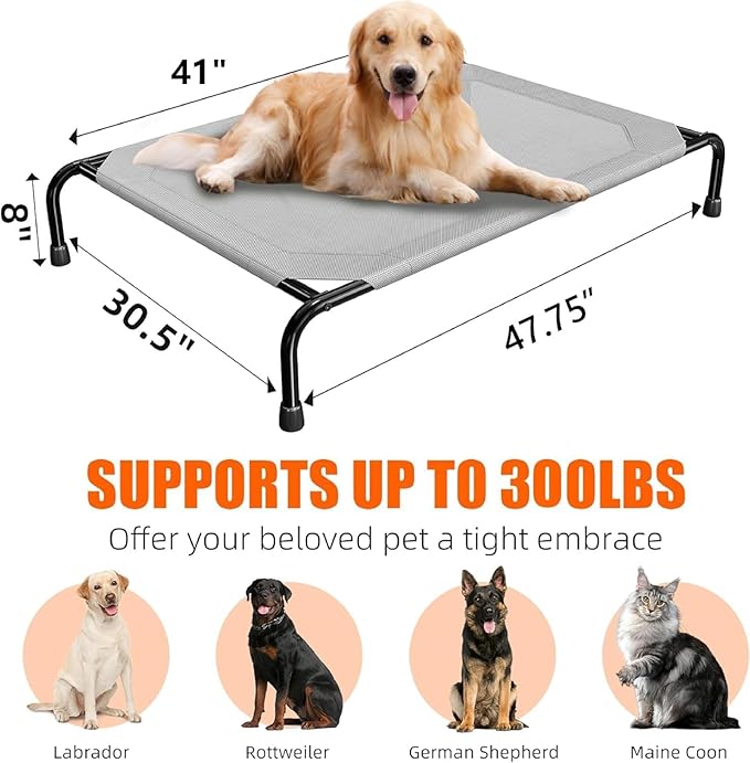 Simple Trending Raised Dog Bed for Large Dogs, Waterproof XL Dog Cot, Outdoor Cooling Elevated Pet Bed Load 200lb, 47.75" x 30.5", Grey