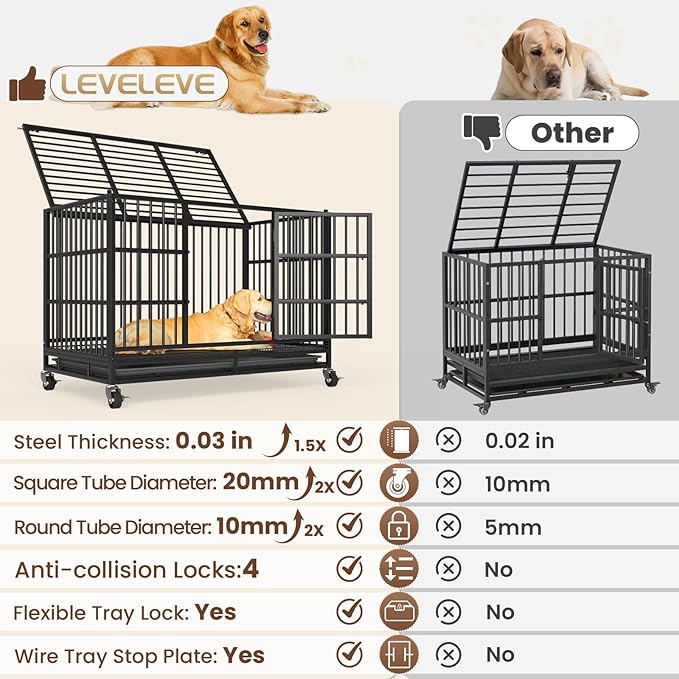 LEVELEVE 48 Inch Heavy Duty Indestructible Dog Crates for Large Dogs，Escape Proof Dog Cage Large Dogs with Lockable Wheels，Dog Kennel Furniture Indoor&Outside
