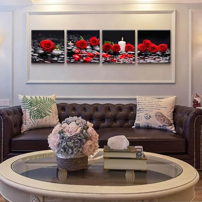 Yxbhhym-Zen Bathroom Wall Art Rose Picture Black and Red Wall Decor Flower Canvas Prints Meditation Poster Framed Wall Art for Living Room Bedroom Accessories Room Décor Spa Stone Decorations