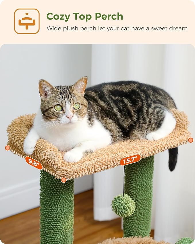 PEQULTI 4-in-1 Cactus Cat Tree, 33'' Cat Tower for Indoor Cats with Large Condo, Cat Scratching Post for Cats with Deep Hammock& Cozy Top Perch,Green