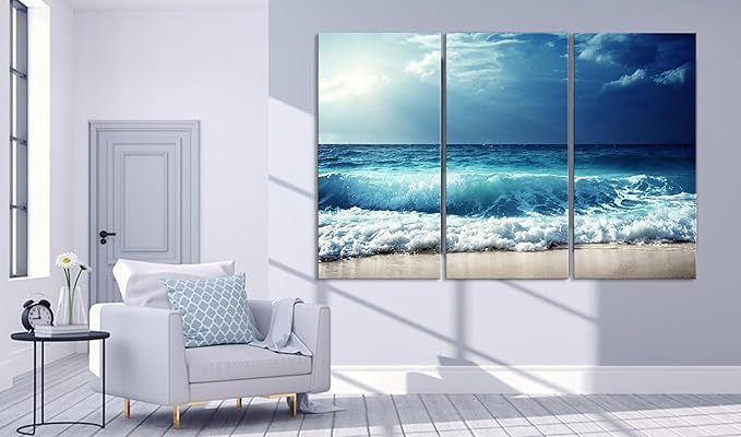 Nature Wall Art Prints - Ocean Forest Mountain Lake Canvas Landscapes - Small to Extra Large Living Room Bedroom Kitchen Bathroom Décor (Summer Ocean Beach, 35L" x 53W" - 3 Panels)