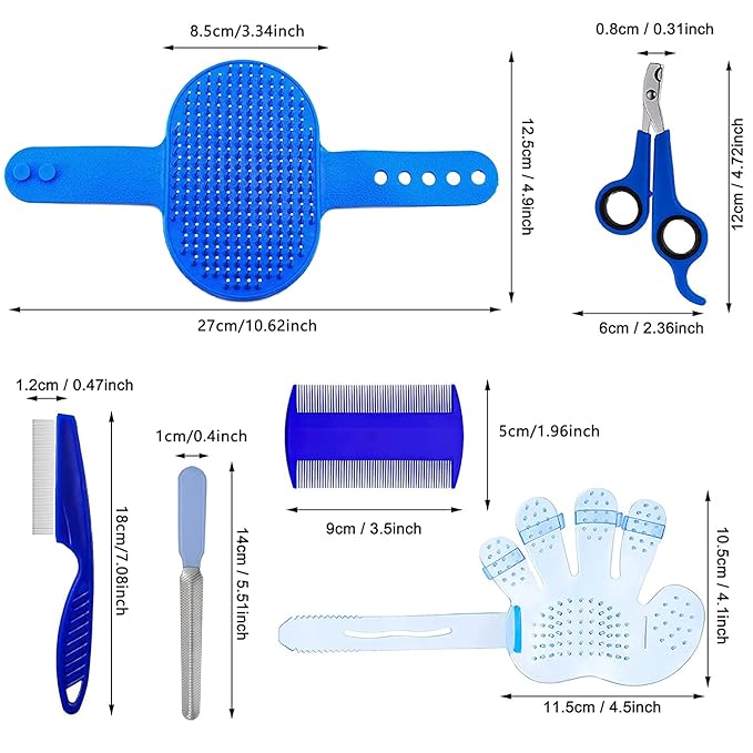 7-Piece Small Pet Grooming Kit with Brush, Nail Clippers, and Adjustable Strap for Rabbits, Hamsters, Guinea Pigs (Blue)