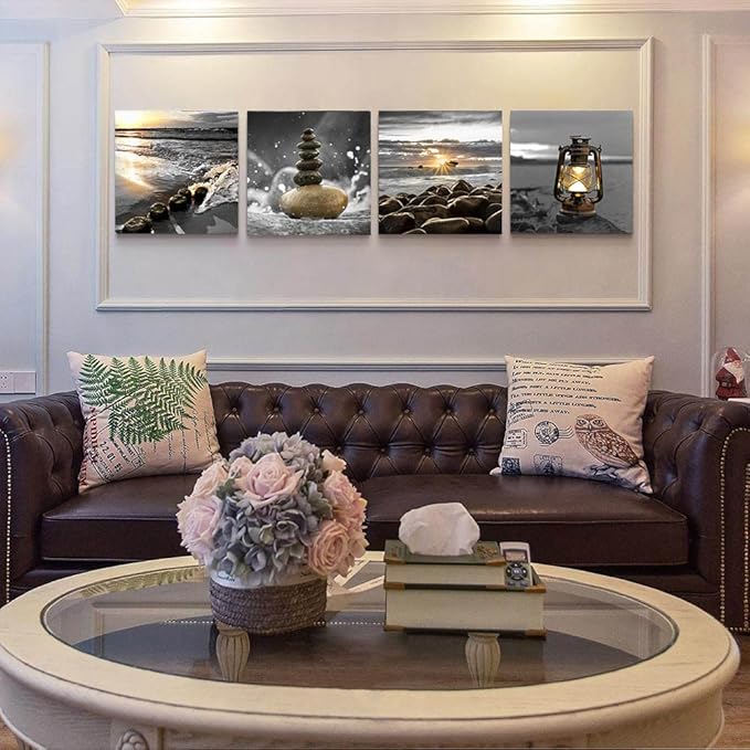 Yxbhhym-Canvas Zen Décor Black and White Beach Wall Art Ocean Poste Seascape Picture Print Sunset Scenery Painting Artwork for Living Room Wall Decor Bedroom Bathroom Wall Home Decorations Framed