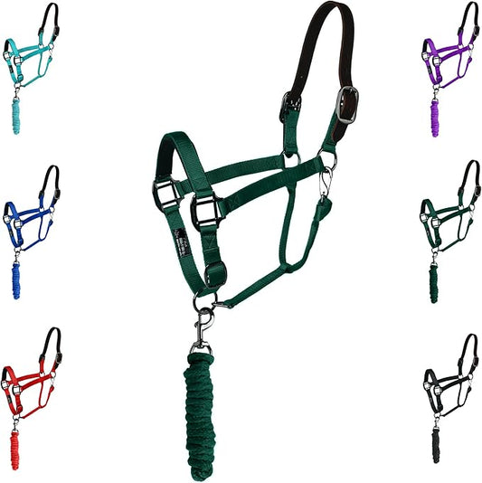 Majestic Ally Leather Halter with Matching Lead Rope for Horses – Leather Breakaway Crown - Adjustable Chin Strap – Rolled Throat Latch – Padded Noseband – Full (Hunter Green, Full)