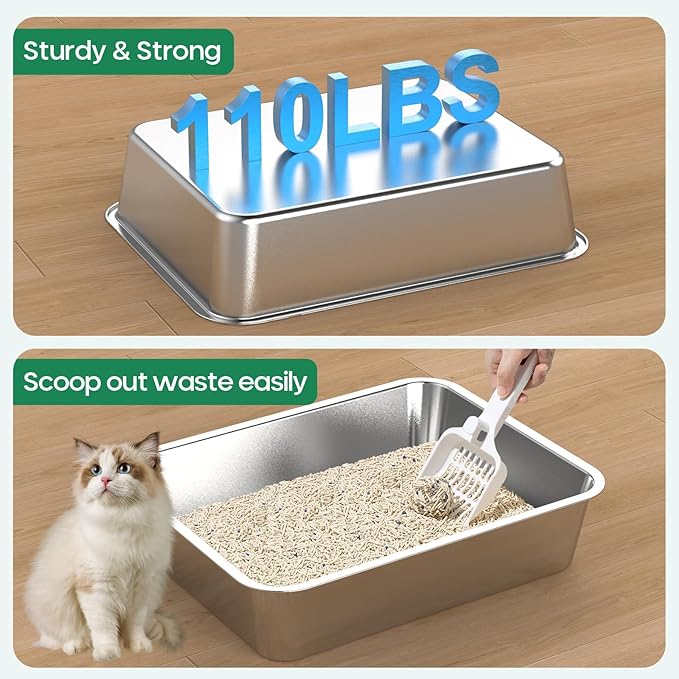 Stainless Steel Cat Litter Box,Metal Kitten Litter Pan, High Side Cats Toilet Indoor Litter Tray Pet Toilet Supplies for Cats, Kitty,Rabbits, Easy Clean, Non Stick Litter Box, No Smell