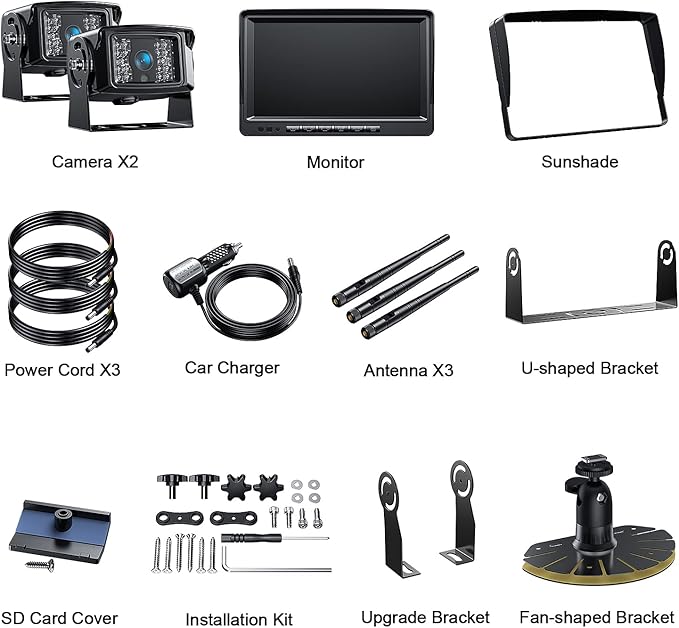 Fookoo 1080P 9" Wireless Backup Camera System, 9" HD Dual/Quad Split Monitor with Recording, IP69 Waterproof Rear View Front View Cameras with Parking Lines, Suits for RV/Truck/Trailer/Van/Bus(DW902)