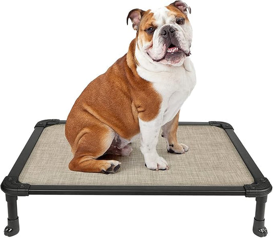 Veehoo Chew Proof Elevated Dog Bed - Cooling Raised Pet Cot - Rustless Aluminum Frame and Durable Textilene Mesh, Unique Designed No-Slip Feet for Indoor or Outdoor Use, Beige Coffee, Medium