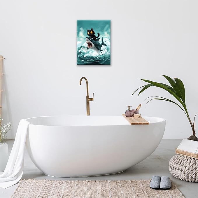 Funny Black Cat Bathroom Wall Art Cute Cat Riding Shark Canvas Wall Decor Animal Kitten Pictures Painting Print Artwork Framed Decorations Gifts for Cat Lover Kids Room Bedroom 16"x20"