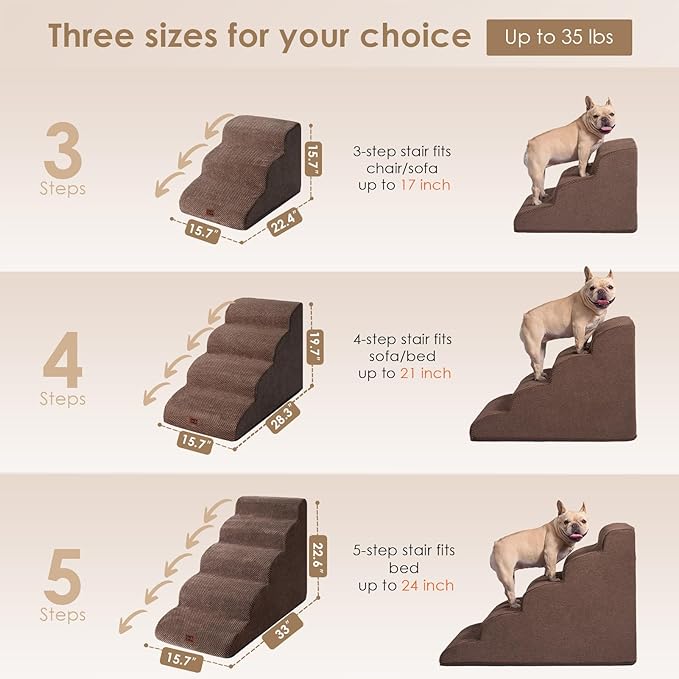 EHEYCIGA Curved Dog Stairs Ramp for Small Dogs 15.7" H, 3-Step Dog Steps for Couch Sofa and Chair, Pet Stairs for Cats, Non-Slip Balanced Pet Steps Indoor, Brown