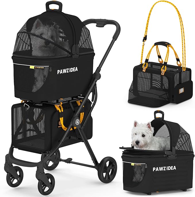 PAWZIDEA Double Pet Stroller with 2 Detachable Carriers, Portable Dog Crate for Car Travel & TSA-Approved Expandable Cat Carrier, Foldable Lightweight Jogger Stroller for 2–4 Cats or Small/Medium Dogs