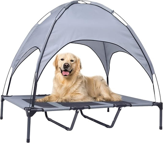 Outdoor XLarge Elevated Dog Bed with Canopy- Durable Oxford Fabric Chew Proof Waterproof Raised Portable Camping Dog Beds Cots with Removable Cover Shade