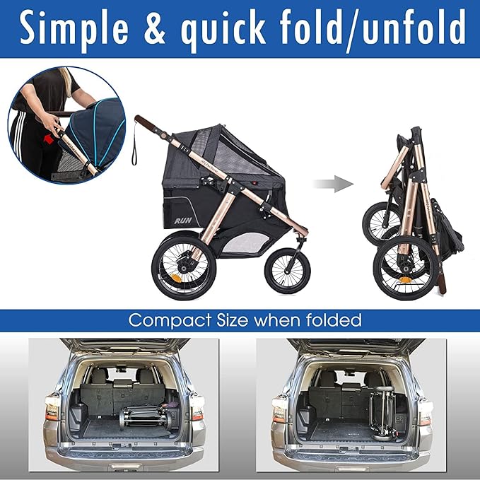 Run Performance Jogging Sports Stroller with Comfort Rubber Wheels/Zipper-Less Entry/1-Hand Quick Fold/Aluminum Frame for Small/Medium Dogs, Cats and Pets (Black)