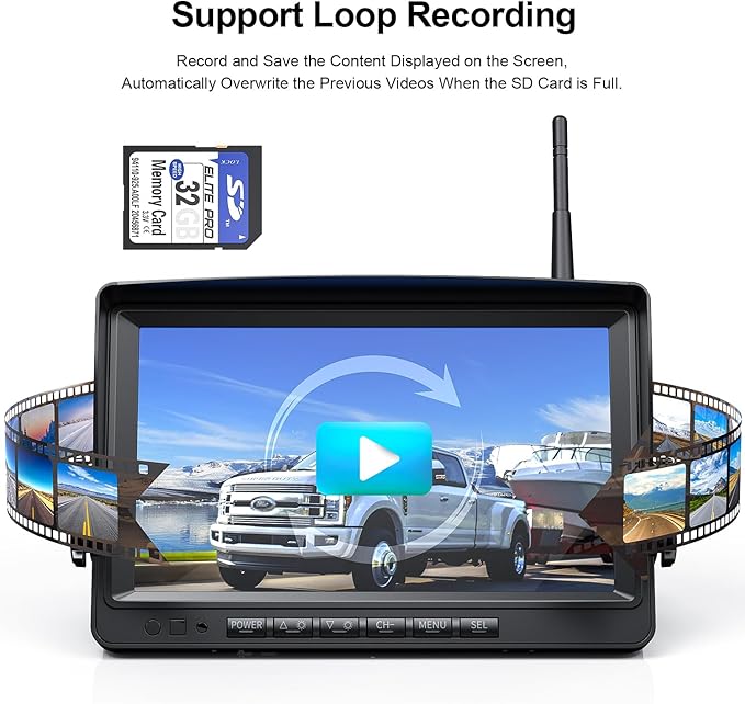Fookoo HD 1080P 9" Wireless Backup Camera System, 9-inch Dual/Quad Split Monitor w/Recording, Supports 4 Cameras, IP69 Waterproof Rear View Cam Parking Lines 32GB SD Card for RV/Trailer/Truck(DW901)