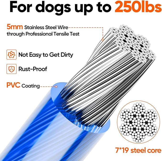 Tresbro 70FT Reflective Tie Out Cable for Dogs Up to 250 Pounds, Steel Wire Lead Leash Cable with Stainless Rotatable Clip, Lightweight and Enduring, Dog Lead Chains for Outside,Yard,Camping, Blue