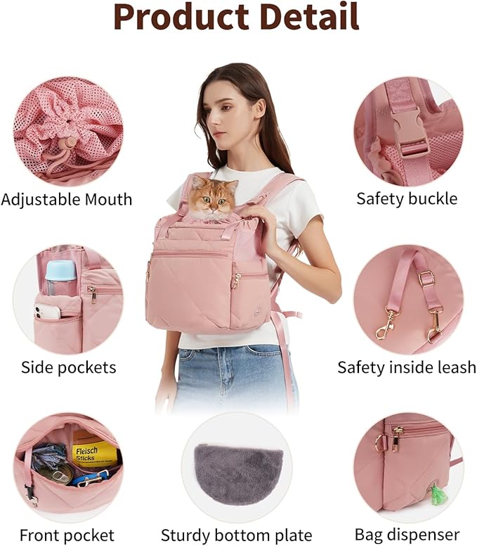 OFY Cat Carrier Puffy Backpack Breathable Small Dog Front Backpack Large Space for Small Dogs, Drawstring & Water-Resisant Pet Bag for Travel Hiking, Lotus Pink Patent Pending