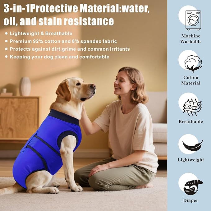 Idepet Dog Recovery Suit Female,Dogs Onesie Suit Surgery Male Breathable Pet Bodysuit for Spay Neuter E-Collar & Cone Alternative Surgical Suit Puppy Abdominal Anti Licking Wounds Shirt (Blue, XXL)