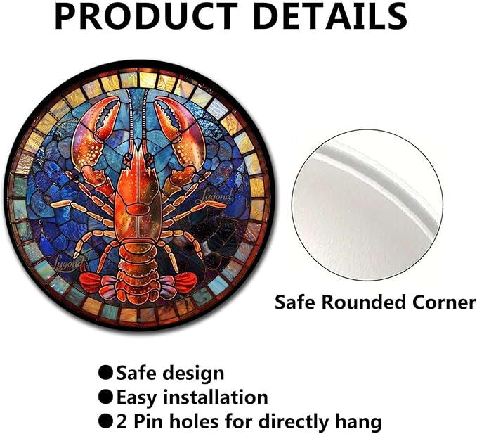 Lygond Metal Sign Tin Sign Circular Stained Glass Lobster Gardening Poster for Club 8×8 Inches