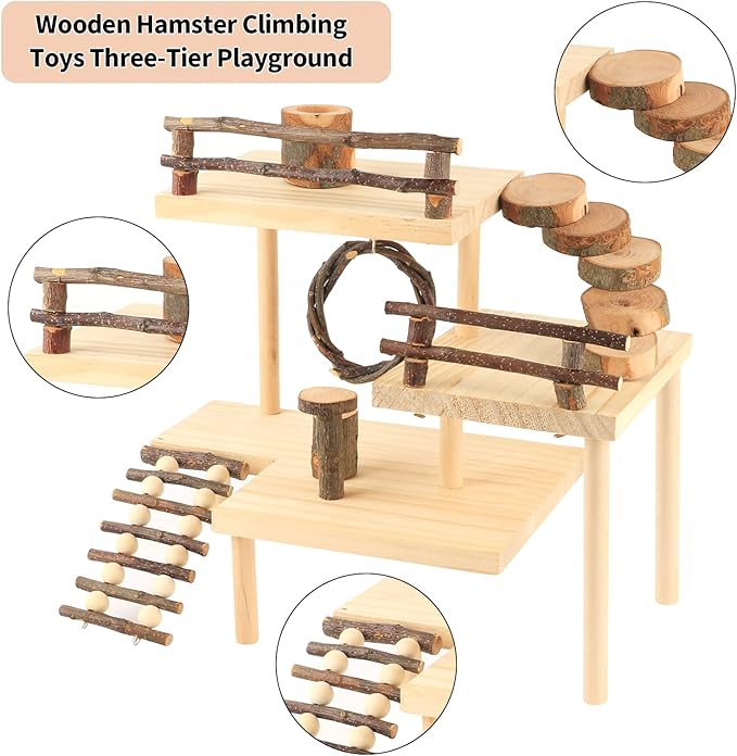 HOSUKKO Hamster Climbing Toys 3-Tier Extra Large Hamster Playground Natural Wooden Small Animal Platform Toys Hamster Exercise Activity Climbing Platform with Bridge for Gift