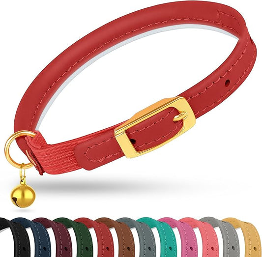 OOPSDOGGY Rolled Leather Cat Collar with Bell - Reflective Kitten Collar with Safety Elastic Strap - Adjustable Small Pet Collars for Boy Girl Cats (Red)