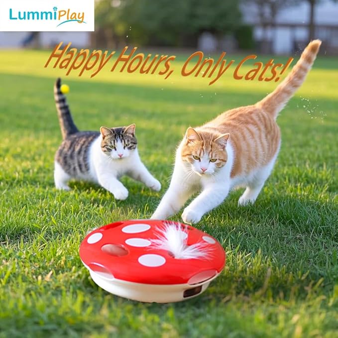 Interactive Cat Toy Automatic Mushroom - Whack-a-Mole Game with Rotating Feathers for Indoor Cats, Hide & Seek Rechargeable Toys Boredom Relief Adult Kittens, Safe Chew Proof Design (Red)