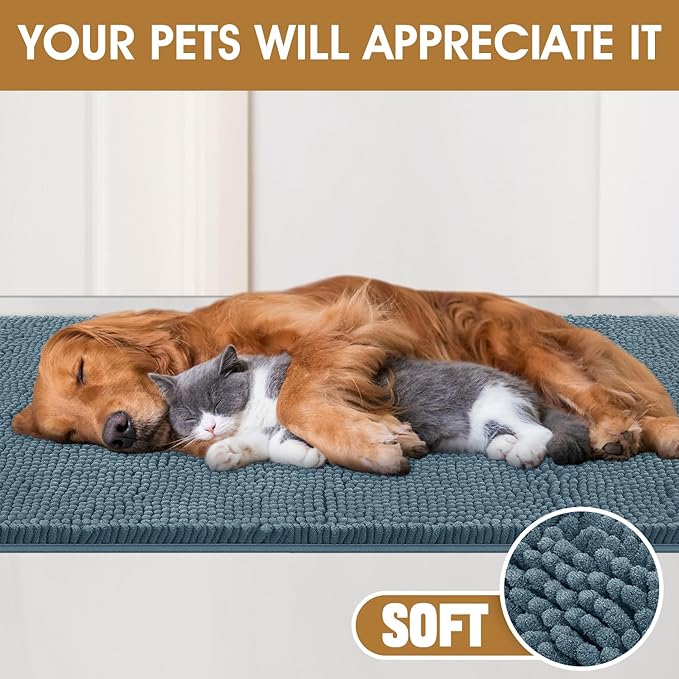 IM HOME 36" x 24" Dusty Blue Dog Door Mats for Muddy Paws, Chenille Absorbent Dog Mat, Non Slip Heavy Mud Mat for Dogs, Soft Pet Bed Mat for Entryway, Mud Paws, Inside Floor