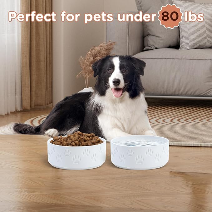 SPUNKYJUNKY Ceramic Dog Bowls 2 Pack, 7.3'' Dog Food Water Double Feeding Bowls Non-Slip for Medium to Large Sized Breed Microwave Dishwasher Safe - 42 OZ, 2pcs, Paw White