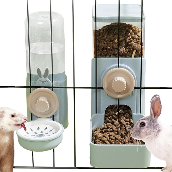 kathson Hanging Automatic Rabbit Pet Food and Water Dispenser, Auto Gravity Bunny Feeders for Cages, Detachable Self-Feeding Feeder and Waterer Set for Ferrets Chinchilla Hedgehog (Light Blue)