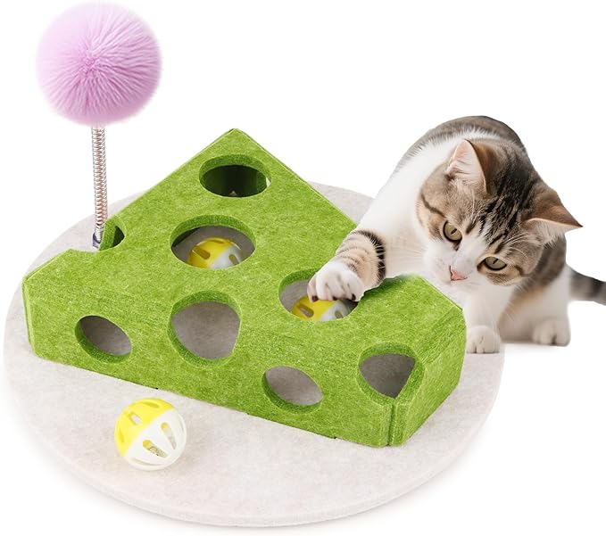 Interactive Cat Puzzle Toy for Indoor Cats & Kittens - Fun Track Balls & Spring Teaser in Stimulating Felt Puzzle Box (Green) - Mental Enrichment Game
