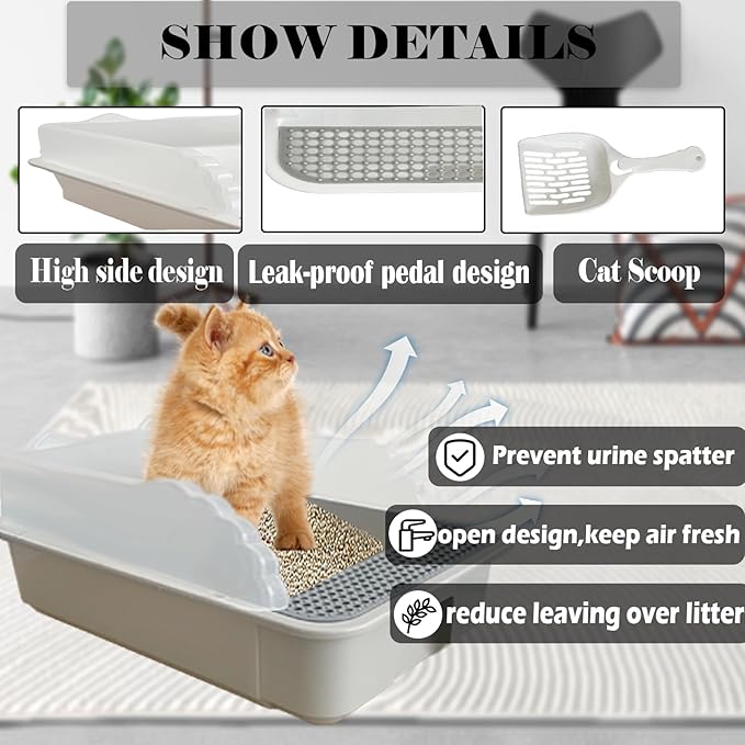 kathson Open Cat Litter Box with High Side,Anti-Splashing Cats Litter Pan,Kitten Toilet with Litter Sifting Scoop,Semi-Enclosed Removable Kittens Litter for Boxes Easy to Clean No Odor 11×17×7 inches