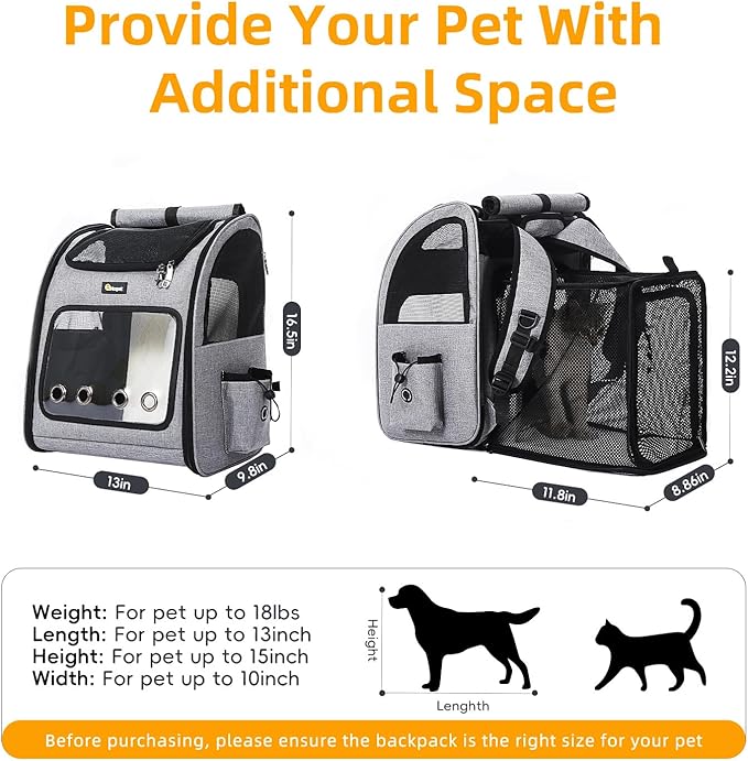 Hoopet Expandable Cat Backpack Carrier – Breathable Pet Carrier for Small Cats & Dogs, Foldable Travel Backpack with Mesh Ventilation for Hiking, Walking, Camping, Light Grey