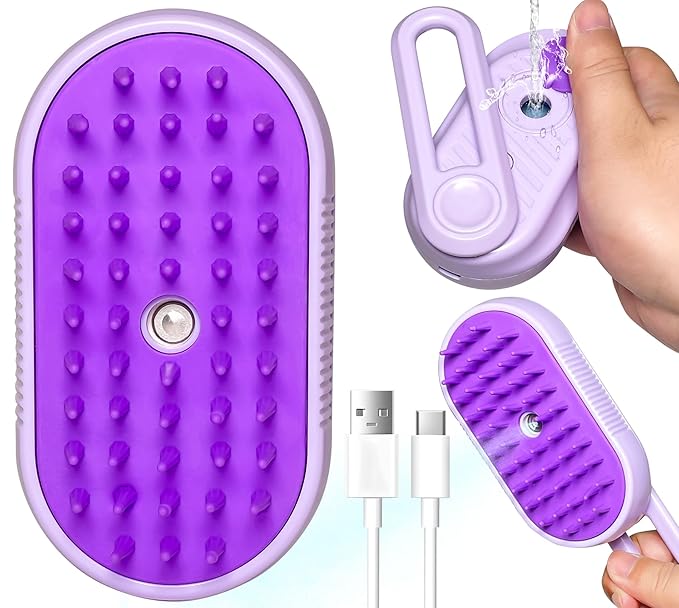 Spritz Defur Comb for Cats, New 3-in-1 Cat Steam Brush for Massaging and Cleaning Shedding Pets, Comb for Long and Short Hair Cats and Dogs Grooming Tool (Purple)
