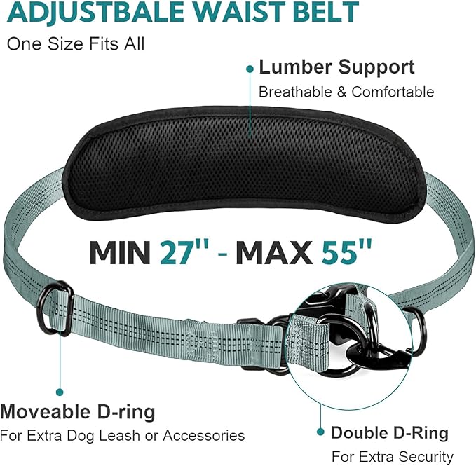 Hands Free Dog Leash with Pouch, Adjustable Waist Belt with Double Padded Handles, Waist Leash for Dog Walking, Dog Leash with Bungee for Medium & Large Dog, Dog Walking Accessories, Olive