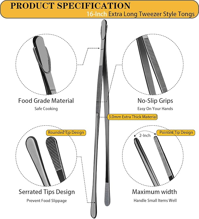 JETKONG 2 Pcs 16-Inch Heavy Duty Plating Tongs, Extra-Long Kitchen Fine Tongs Large Stainless Steel Cooking Forceps (Black)