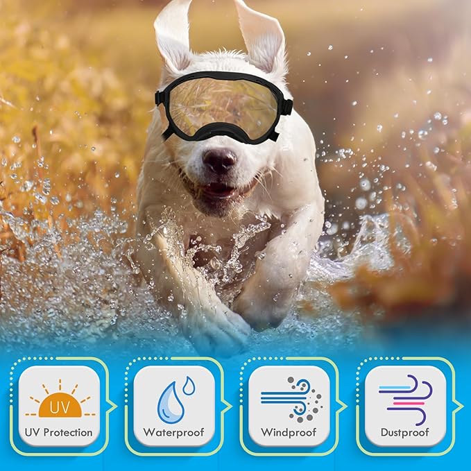 Dog Goggles for Large Dogs, UV Wind Dust Fog Protection, Soft Frame Adjustable Dog Sunglasses, Summer Driving & Winter Snow Eyewear, Tactical Pet Glasses with Elastic Strap (Black)