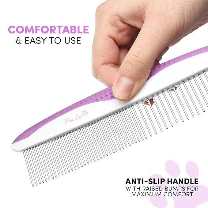 Poodle Pet Dog Combs for Grooming | 2 Pack | Stainless Steel Teeth Easily Remove Dirt | Proper Care Prevents Knots and Mats for Long and Short Haired Pets | Anti-Slip Comfort Grip Handle (Purple)