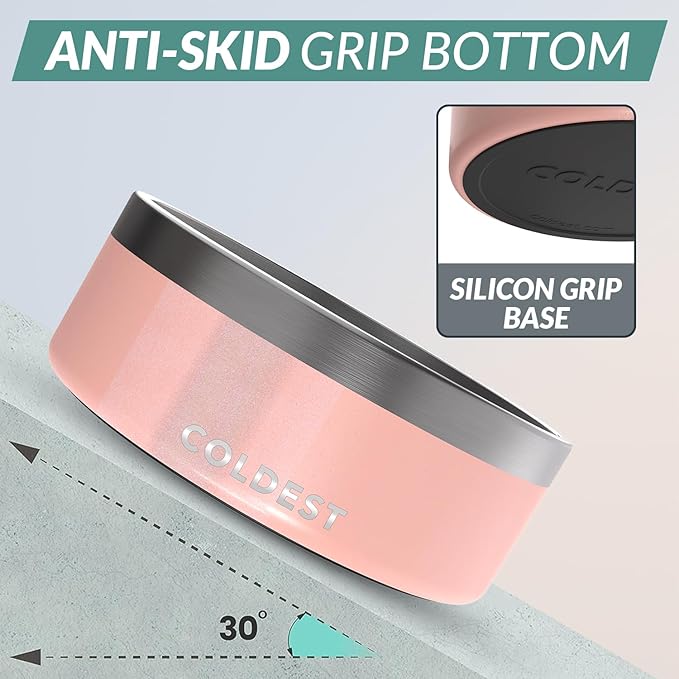 Coldest Dog Bowl - Anti Rust Metal, Non Slip, 3 Layers Insulated Stainless Steel Dog Bowls - Spill Proof & Heavy Duty - Water Bowl for Dogs, Cats & Pets, Dish Washer Safe (64 oz, Forever Pink Glitter)