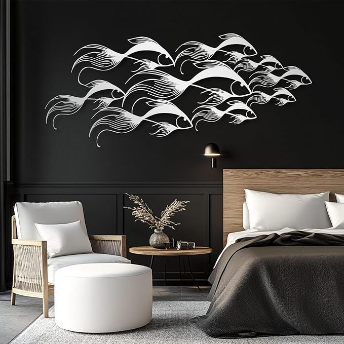 School of Fish Metal Wall Art, Metal Fish Wall Decor, Sea Life Wall Art, Large Nautical Wall Hanging, Modern Beach House Wall Decor, Ocean Themed Artwork for Bathroom (Black, 53"x22" | 135x57cm)
