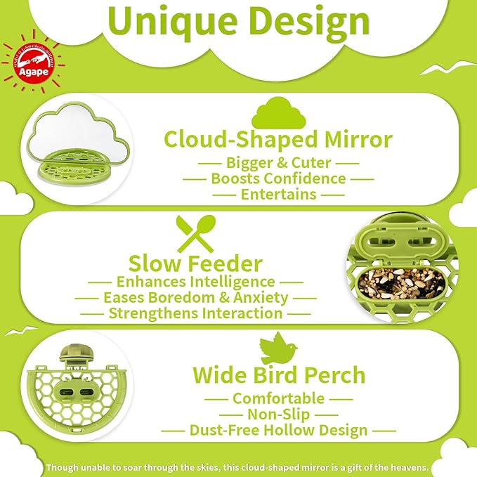 Agape Bird Mirror with Perch&Slow Feeder, Birds Toys for Boredom&Anxiety, Bird Cage Accessories for Parrots to Expend Energy, Interactive Toys for Parakeet, Cockatiel, Lovebird, Conure, Finch, Budgies
