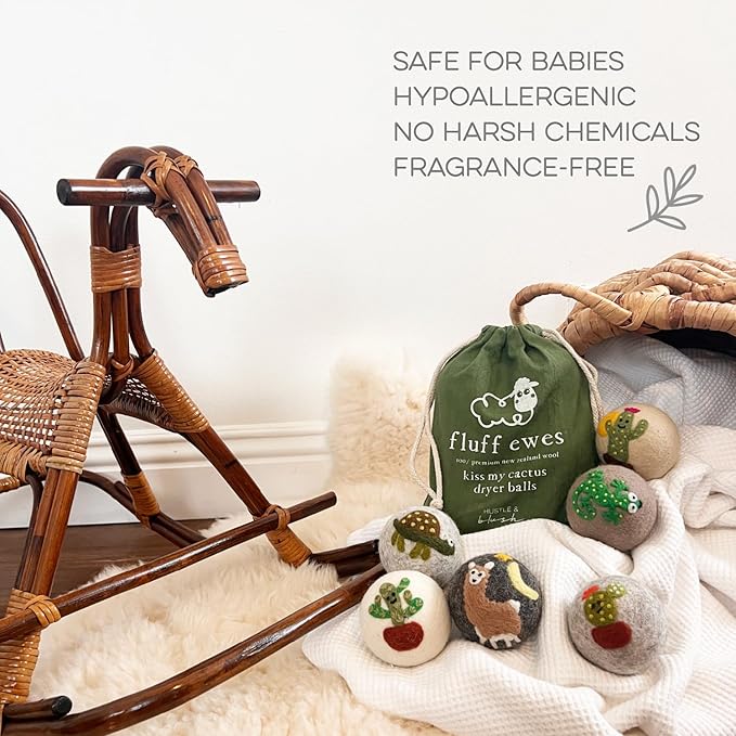 Fluff Ewes Wool Dryer Balls 6 Pack Premium New Zealand Wool Laundry Balls for Dryer, No Static Dryer Balls Laundry Reusable, XL Wool Dryer Balls Cute, Baby Dryer Balls for Dryers - Kiss My Cactus