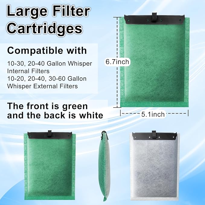 driamor 6 Pack Large Filter Cartridges Compatible with Whisper Filters 20i/40i IQ20/30/45/60 PF20/30/40/60, Aquarium Filter Cartridge Replacement Assembled Compatible with ReptoFilter 125GPH