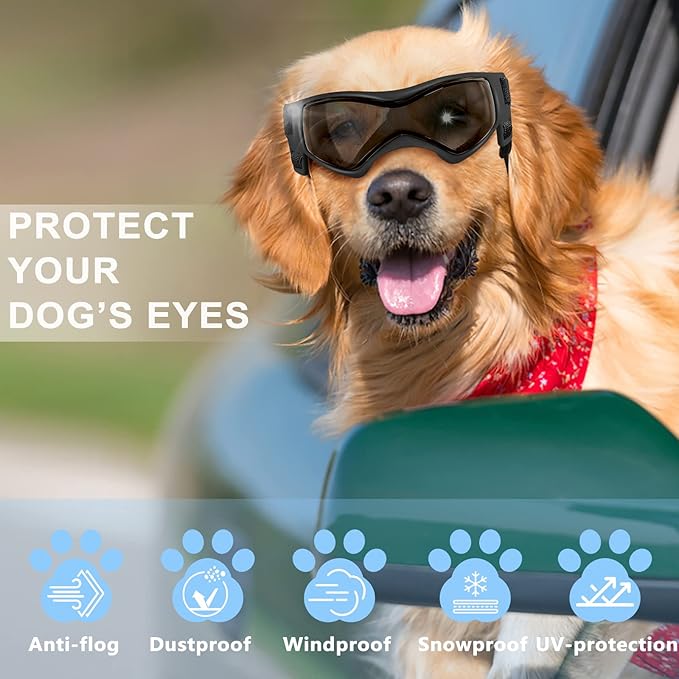 QUMY Dog Goggles UV Protection for Small to Medium Breed, Dog Sunglasses Windproof Anti-Fog Dustproof Snowproof, Puppy Glasses for Outdoor Riding Driving with Comfortable Frame Adjustable Straps